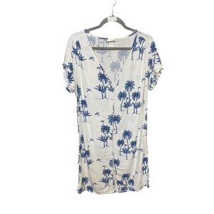 Desmond & Dempsey x HM Linen Blend Palm Tree Print Shift Dress White Blue XS